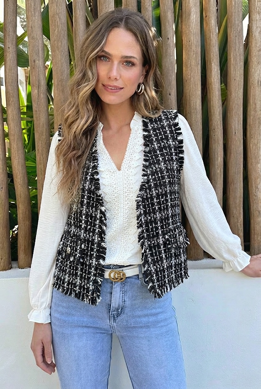 Luxury Lurex Tweed Gilet Black – gilets, foto 2