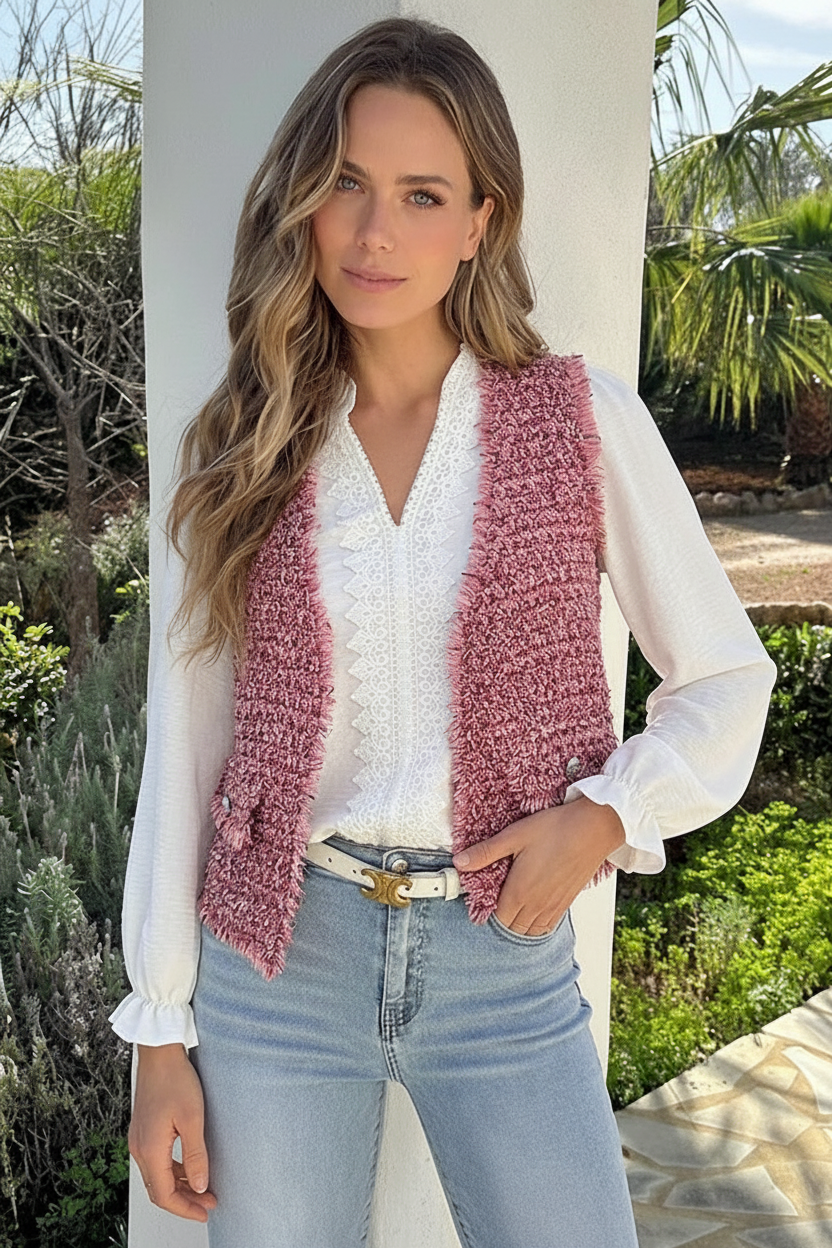 Luxury Lurex Tweed Gilet Pink – gilets, foto 5