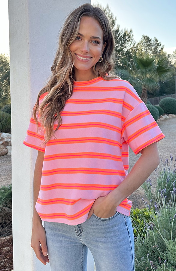 Oversized Katoenen Strepen Top Tricolore Roze Oranje – tops, foto 7