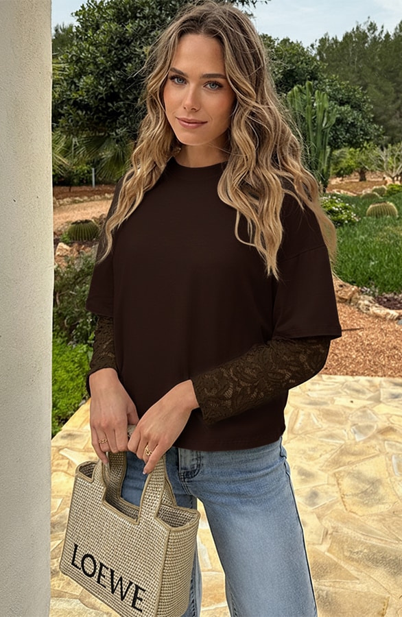 Oversized Lace Sleeve T-shirt Choco – tops, foto 2