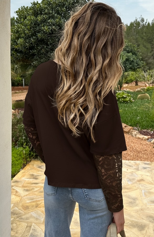 Oversized Lace Sleeve T-shirt Choco – tops, foto 3