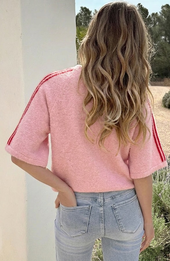 Oversized Roze Sweater Met Rode Mouw Strepen – truien, foto 4
