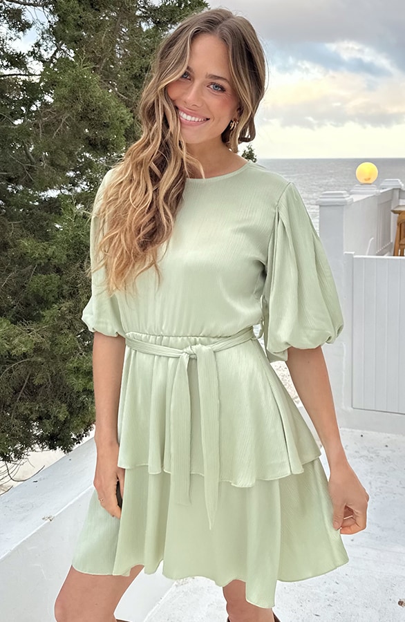 Satin Pofmouwen Jurk Mint – jurken