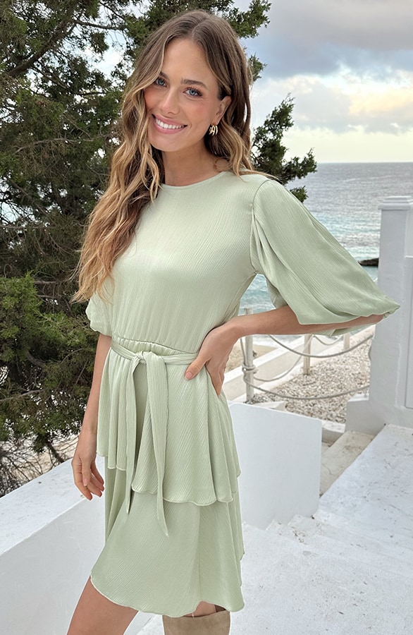 Satin Pofmouwen Jurk Mint – jurken, foto 6