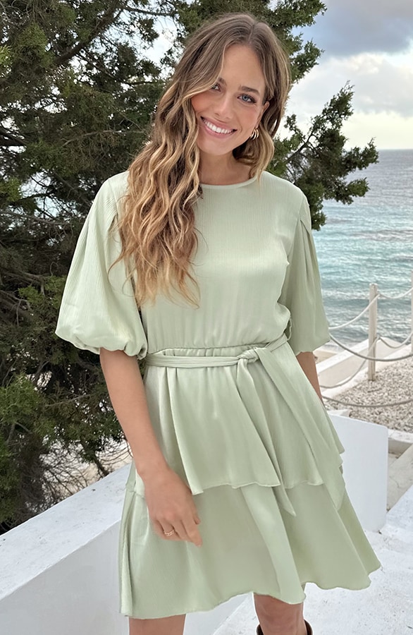 Satin Pofmouwen Jurk Mint – jurken, foto 3