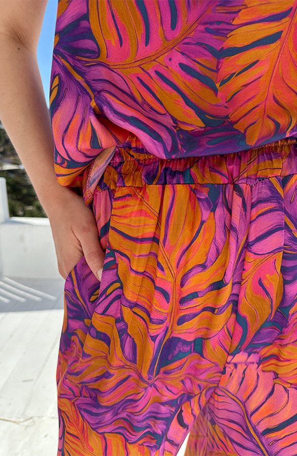 Satin Wide Leg Pants Purple Leaves – flared broeken, foto 5