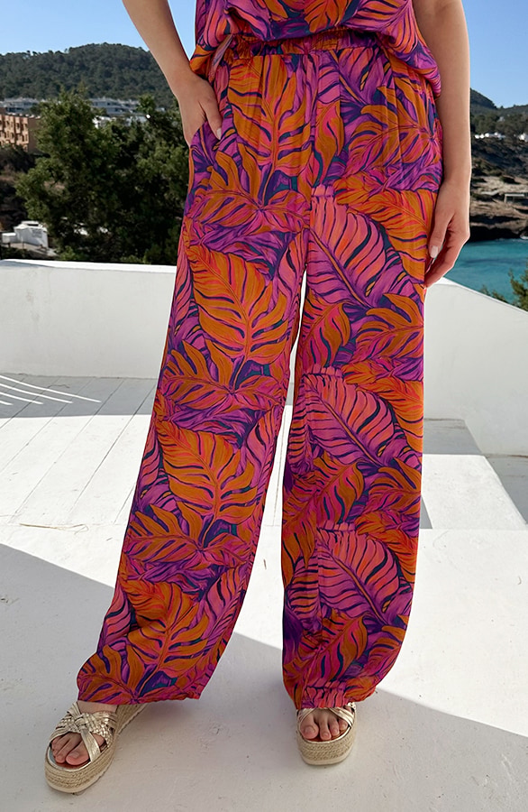 Satin Wide Leg Pants Purple Leaves – flared broeken, foto 3