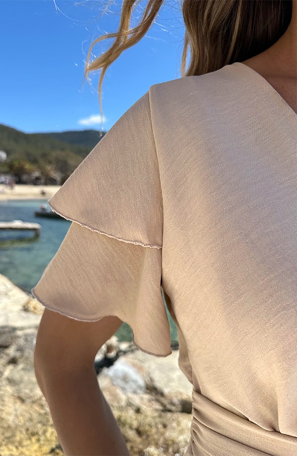 Smocked Waistband Dress Short Sleeve Beige – jurken, foto 3