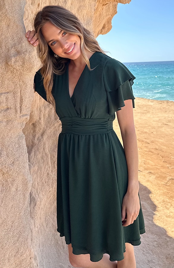 Smocked Waistband Dress Short Sleeve Smaragd – jurken, foto 3