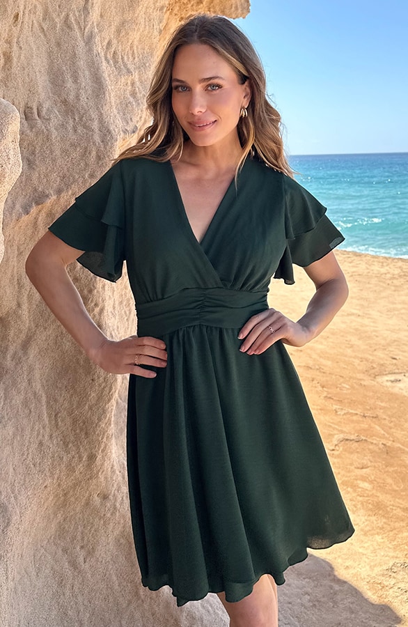 Smocked Waistband Dress Short Sleeve Smaragd – jurken, foto 7