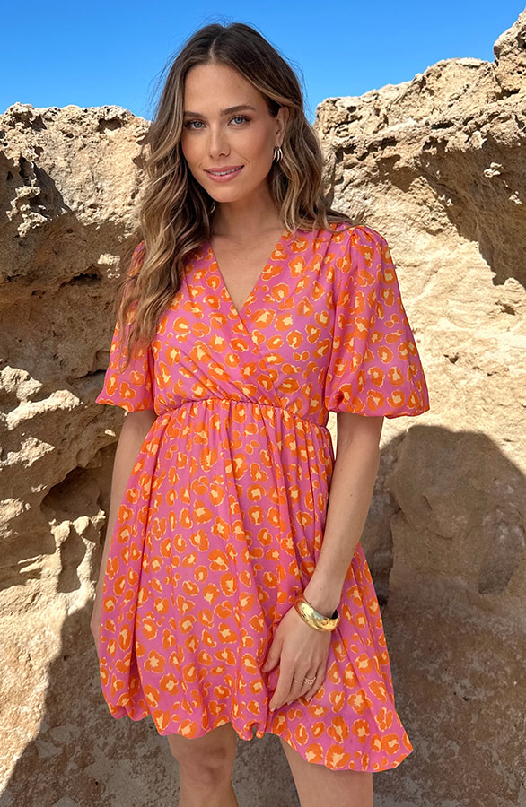 V-hals Pofmouw Leopard Jurk Oranje Lila – jurken, foto 8