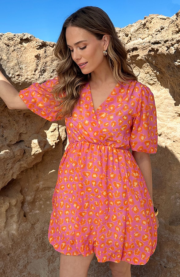 V-hals Pofmouw Leopard Jurk Oranje Lila – jurken, foto 6