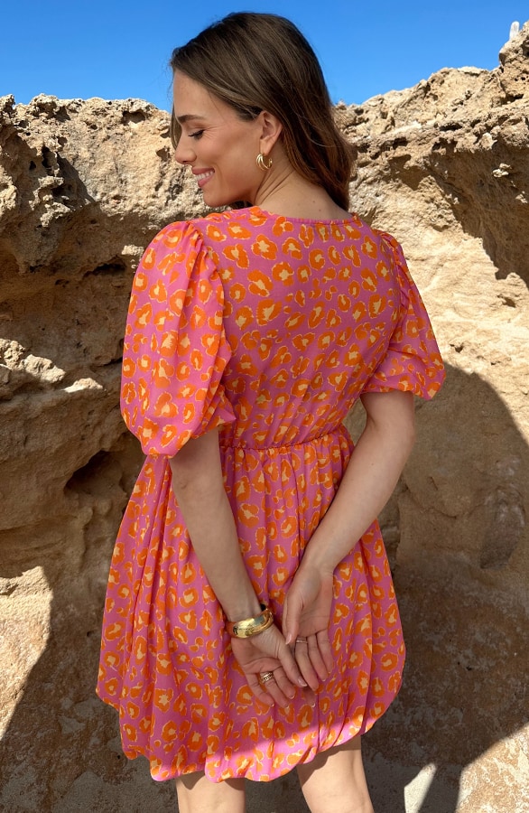V-hals Pofmouw Leopard Jurk Oranje Lila – jurken, foto 3
