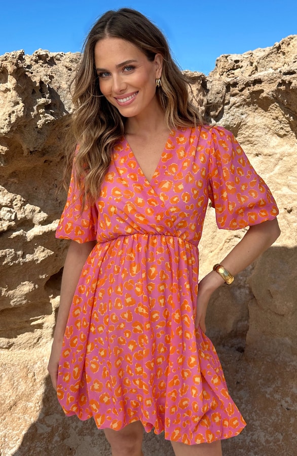 V-hals Pofmouw Leopard Jurk Oranje Lila – jurken
