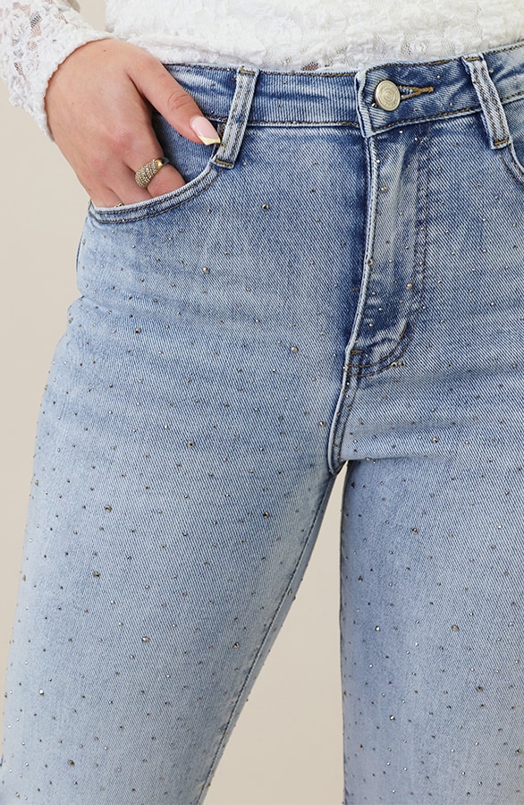 Wide Leg Jeans Rhinestone Mid Blue Stretch FMH – flared broeken, foto 5