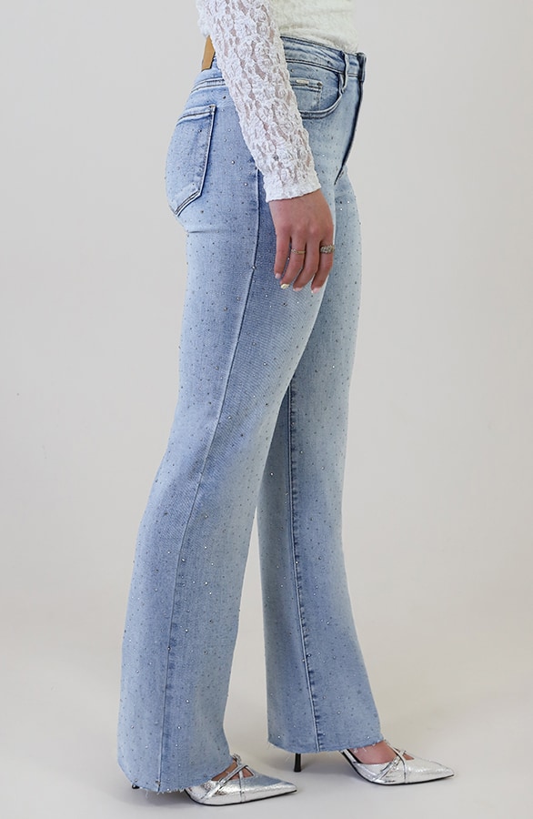 Wide Leg Jeans Rhinestone Mid Blue Stretch FMH – flared broeken, foto 4