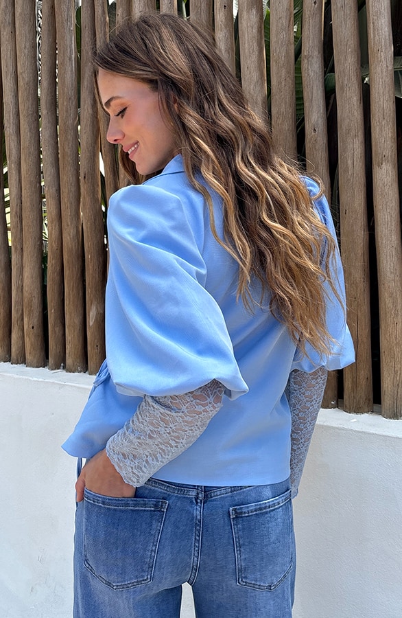 Wrap Blazer Puff Short Sleeve Baby Blue – jurken, foto 4