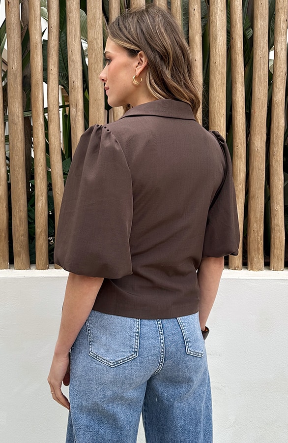 Wrap Blazer Puff Short Sleeve Choco – jurken, foto 4