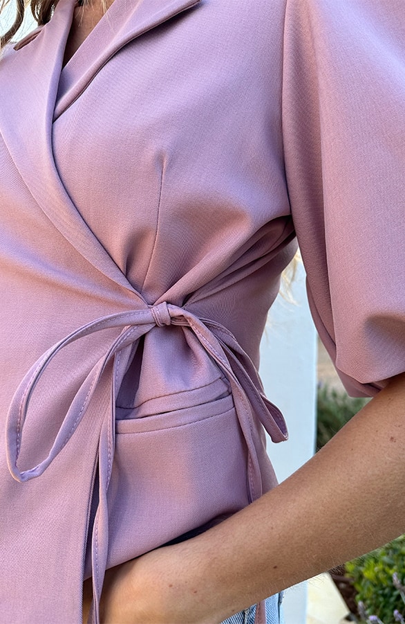 Wrap Blazer Puff Short Sleeve Mauve – jurken, foto 4