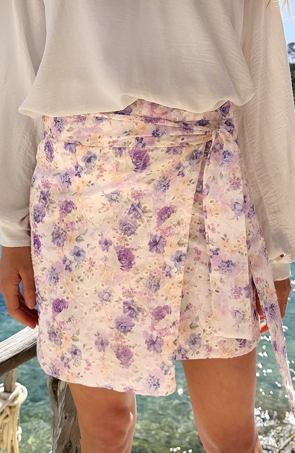 Wrap Skirt Romantic Embroidery Flower Print Lila – rokken