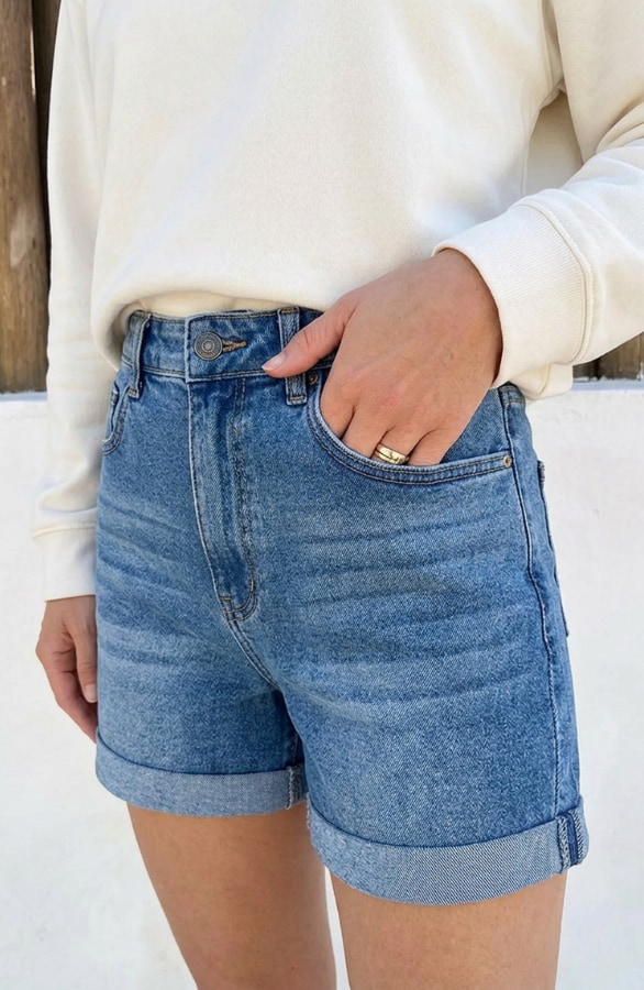 Denim Short Mom Fit Mid Blue Stretch FMH – spijkerbroeken