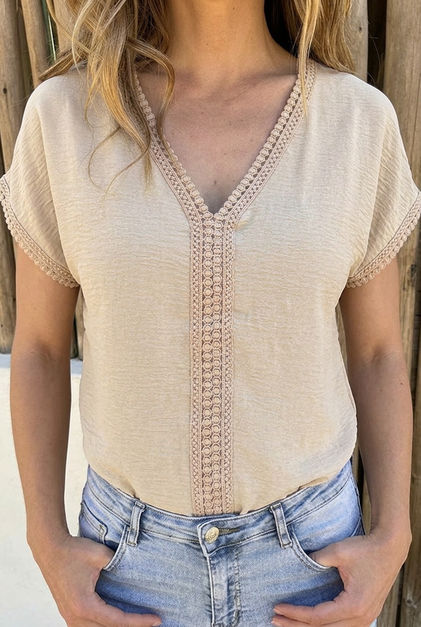 Lulu Lace V-Hals Top Beige – tops, foto 4