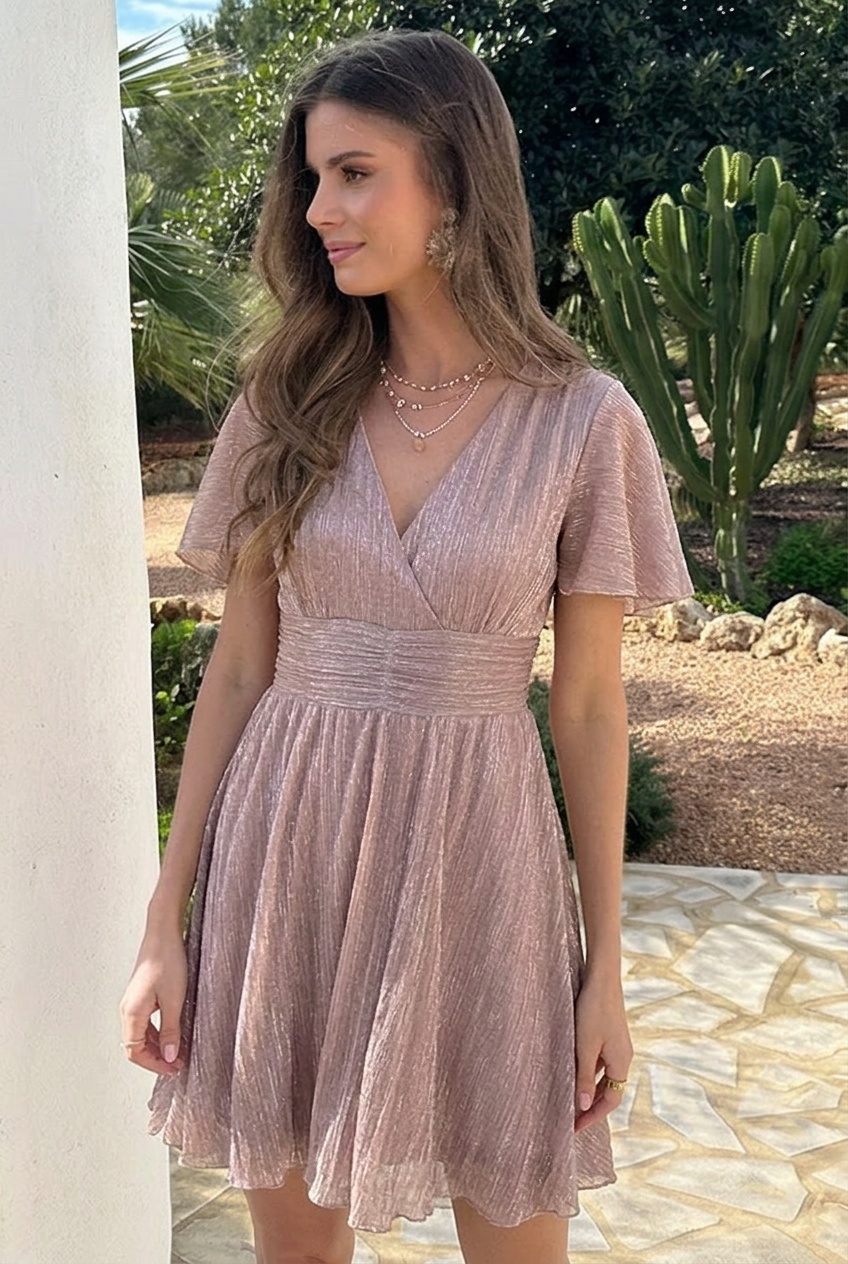 Lurex Waistband Dress Short Sleeve Light Pink – jurken, foto 3