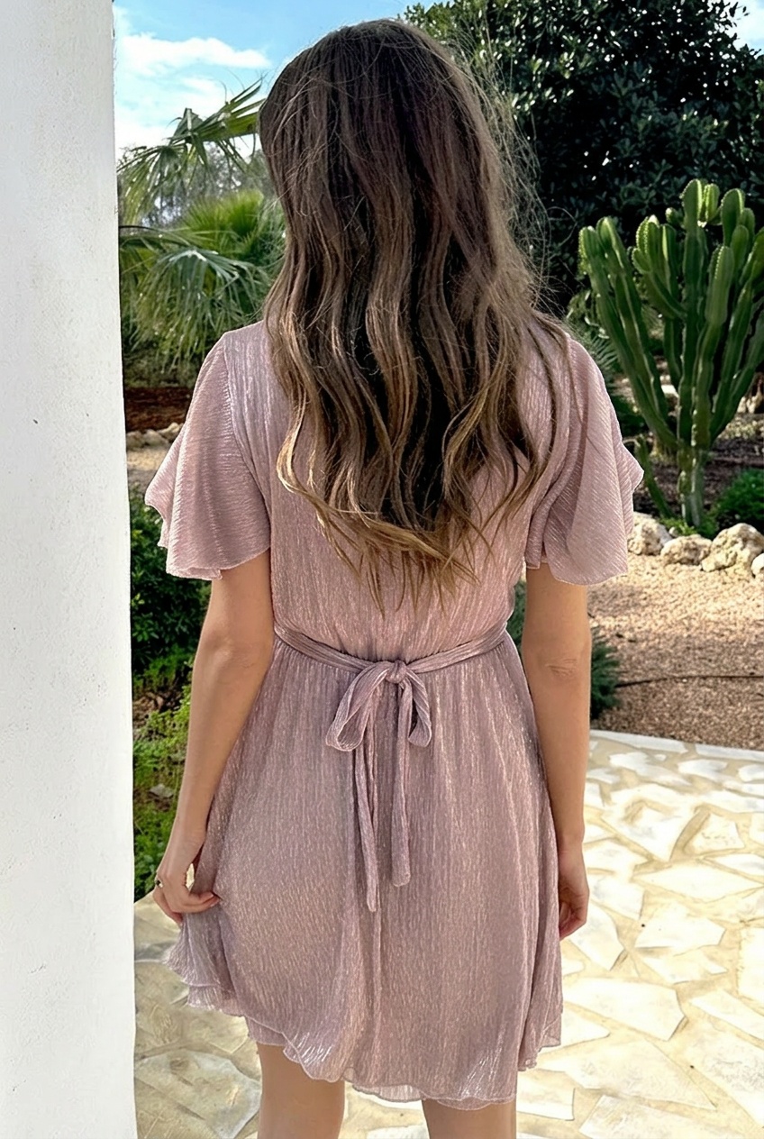Lurex Waistband Dress Short Sleeve Light Pink – jurken, foto 4