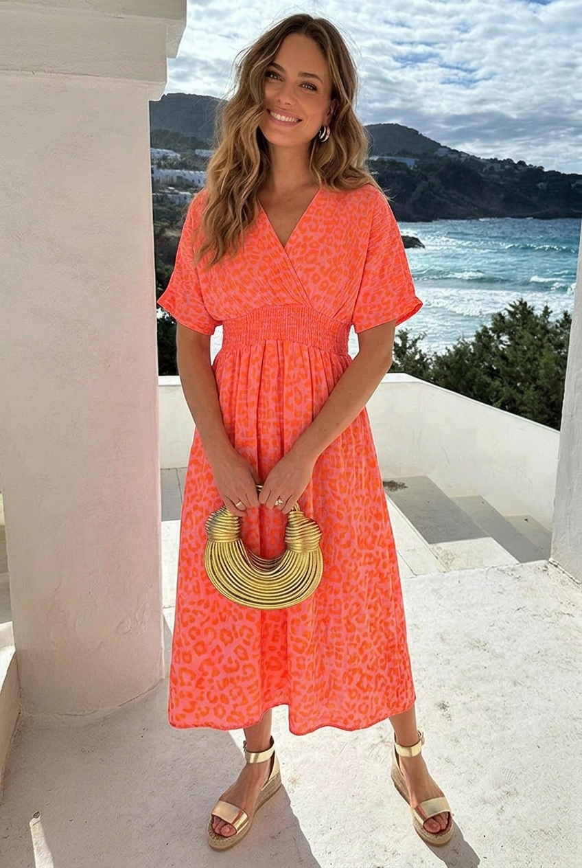 Maxi Jurk Mousseline Leopard Neon Orange – jurken, foto 2