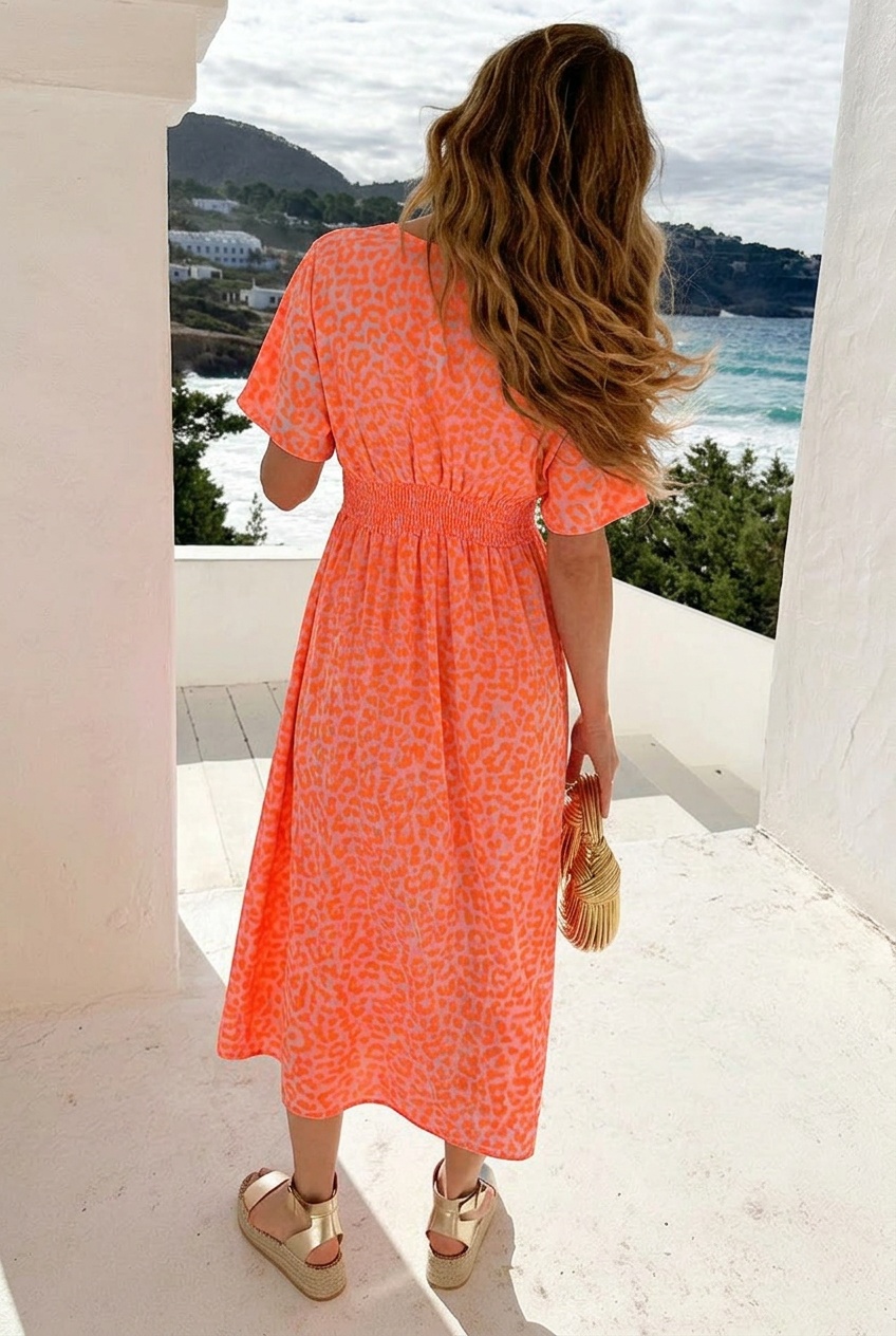 Maxi Jurk Mousseline Leopard Neon Orange – jurken, foto 3