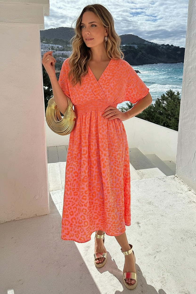 Maxi Jurk Mousseline Leopard Neon Orange – jurken, foto 4