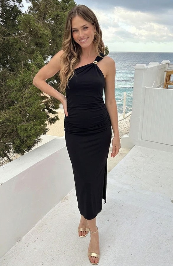 One Shoulder Gold Detail Jurk Zwart – jurken, foto 2