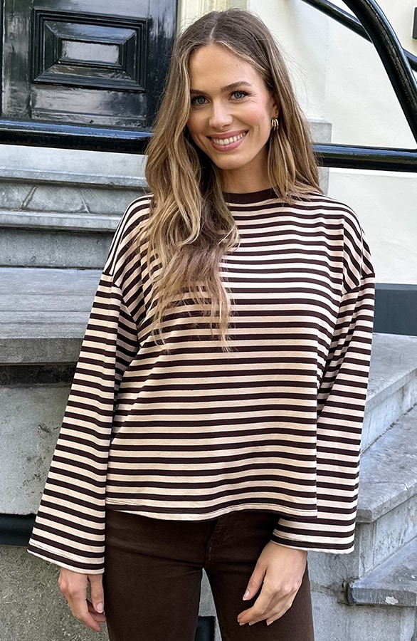 Oversized Streifen Top Baumwolle Choco Beige Melange, Tops, Foto 5