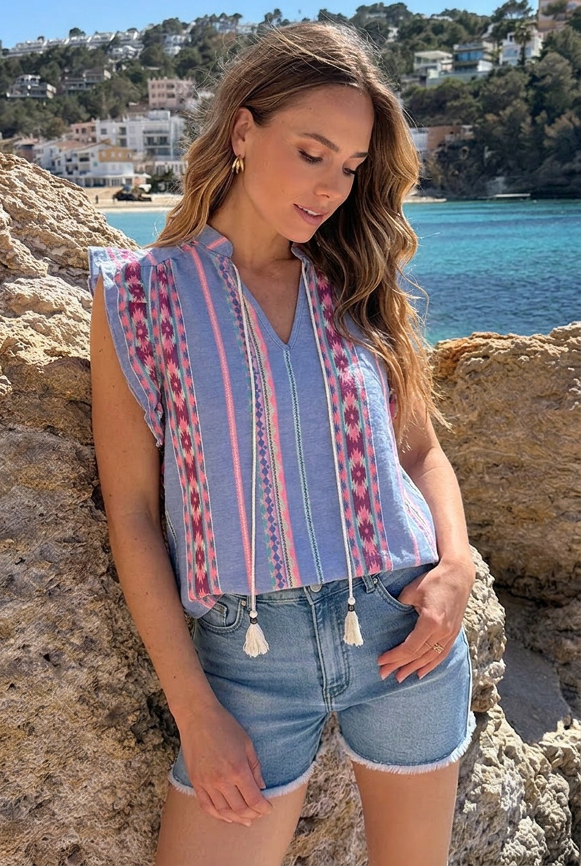 Kelim Print Ruffle Top Blauw – tops, foto 4