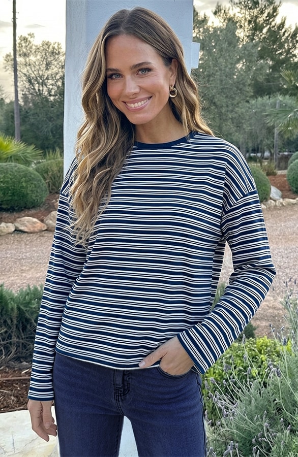 Oversized Streifen Top Baumwolle Double Marine, Tops
