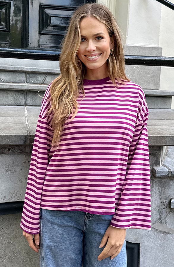 Oversized Streifen Top Baumwolle Purple Rosa, Tops