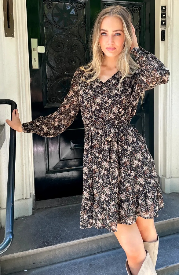 Bloemenprint V-Hals Jurk Beige Army – jurken