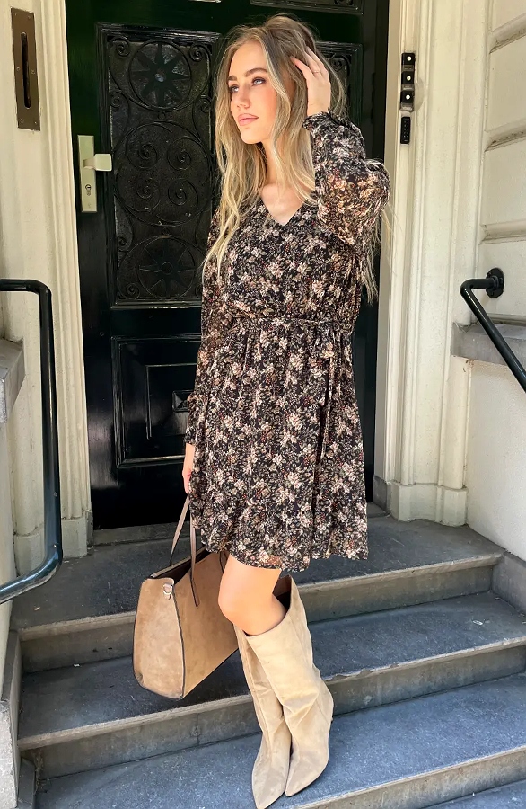 Bloemenprint V-Hals Jurk Beige Army – jurken, foto 6