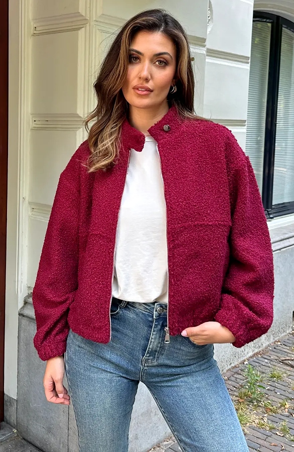 Boucle Bomber Coat Met Rits Burgundy – jassen