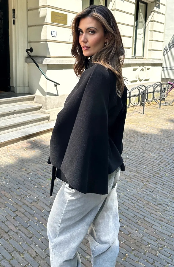 Cape Jacket Met Ceintuur Zwart – jassen, foto 6