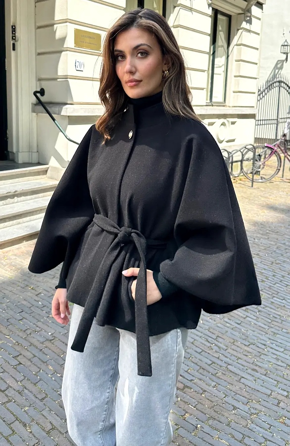 Cape Jacket Met Ceintuur Zwart – jassen, foto 5