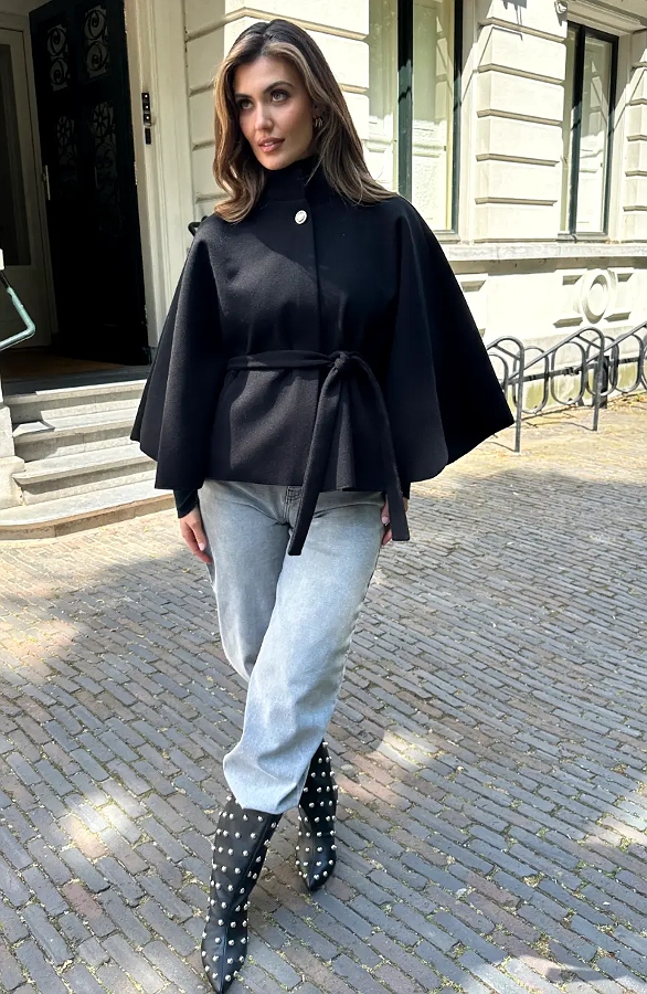 Cape Jacket Met Ceintuur Zwart – jassen, foto 3