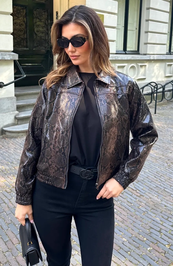 Faux Leather Snakeprint Jacket Choco – jassen, foto 5