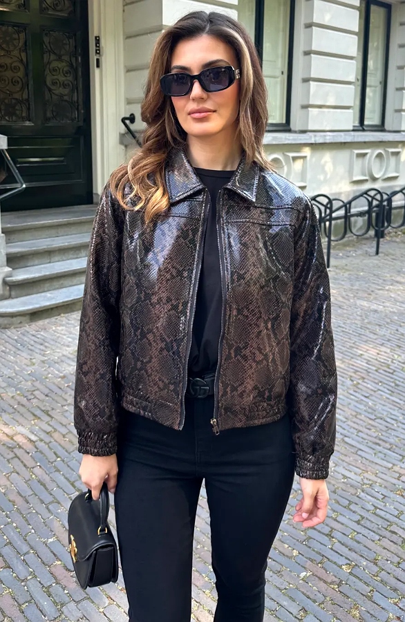 Faux Leather Snakeprint Jacket Choco – jassen, foto 3