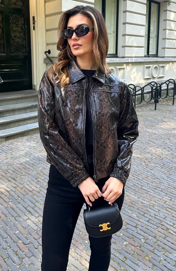 Faux Leather Snakeprint Jacket Choco – jassen