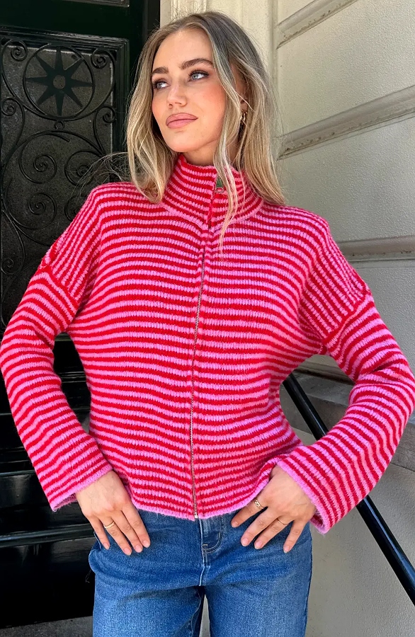Gestreept Vest Soft Met Rits Fuchsia Rood – vesten, foto 6