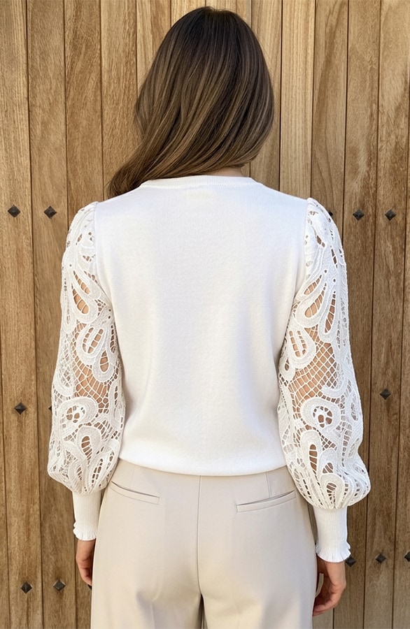 Lace Sleeve Soft Trui Off White – truien, foto 5