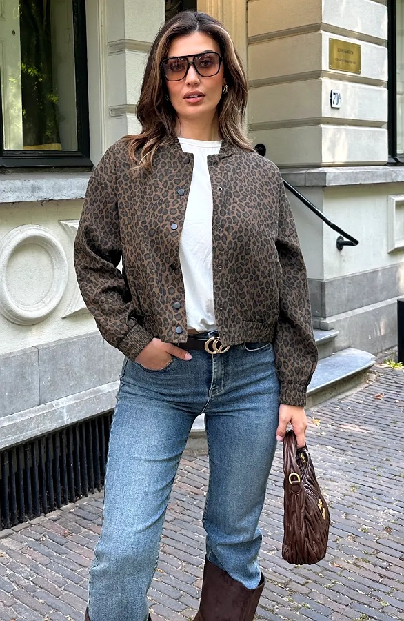 Leopard Denim Bomber Jacket Brown – jassen, foto 5
