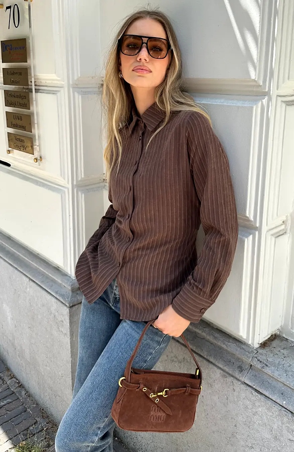Pinstripe Knopen Blouse Bruin – blouses, foto 5