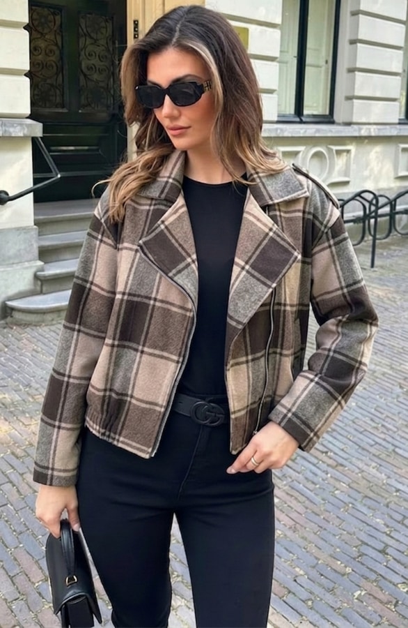 Plaid Zip Jacket Brown Beige – jassen